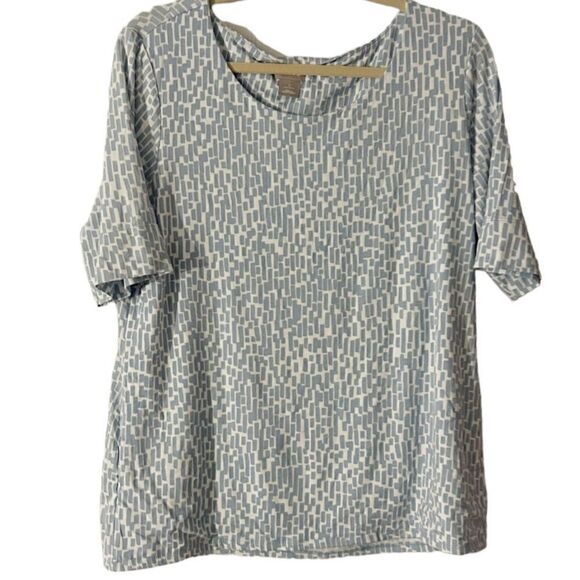 Chico’s Blue White Print Short Sleeve Top Size Large - Picture 1 of 7